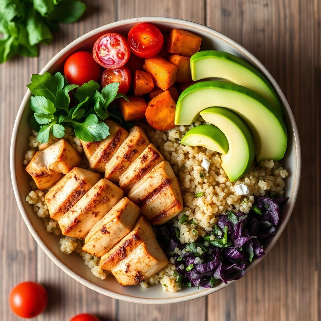 Bowl saludable con pollo, quinoa, aguacate y verduras